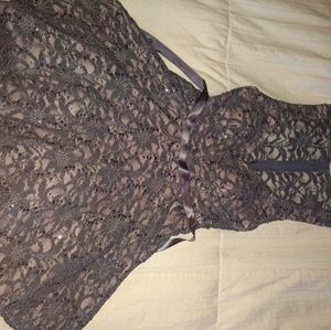 Grey and pink lace prom dress